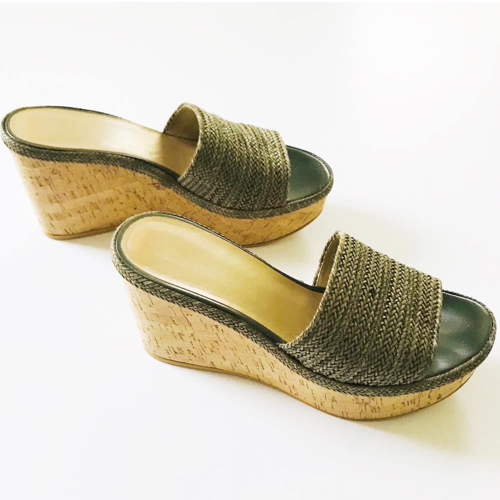 Stuart Weitzman "Clipday" Woven & Cork Wedges